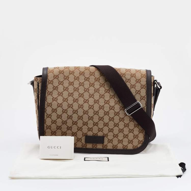 Pre Owned Gucci Beige/Brown GG Canvas and Leather Large Flap Messenger Bag