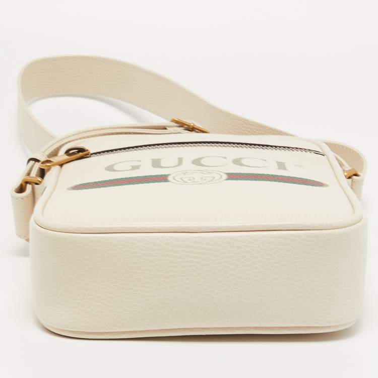 Pre Owned Gucci Off White Logo Print Leather Messenger Bag