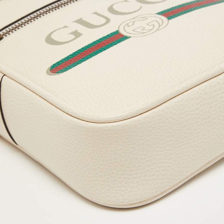 Pre Owned Gucci Off White Logo Print Leather Messenger Bag