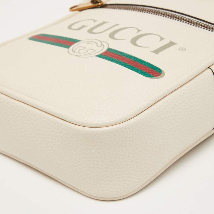 Pre Owned Gucci Off White Logo Print Leather Messenger Bag