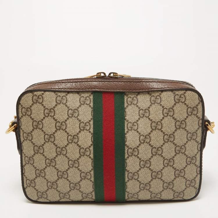 Pre Owned Gucci Beige/Brown GG Supreme Canvas and Leather Ophidia Shoulder Bag