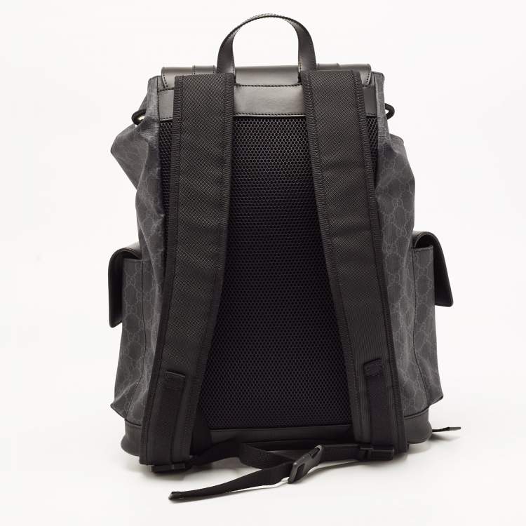 Pre Owned Gucci Black GG Supreme Canvas and Leather Web Backpack