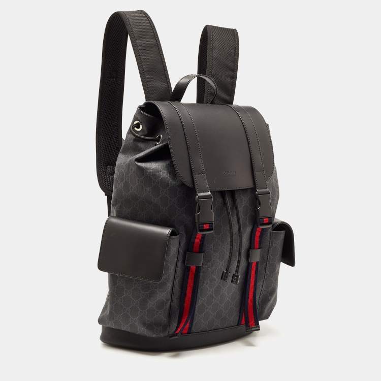 Pre Owned Gucci Black GG Supreme Canvas and Leather Web Backpack