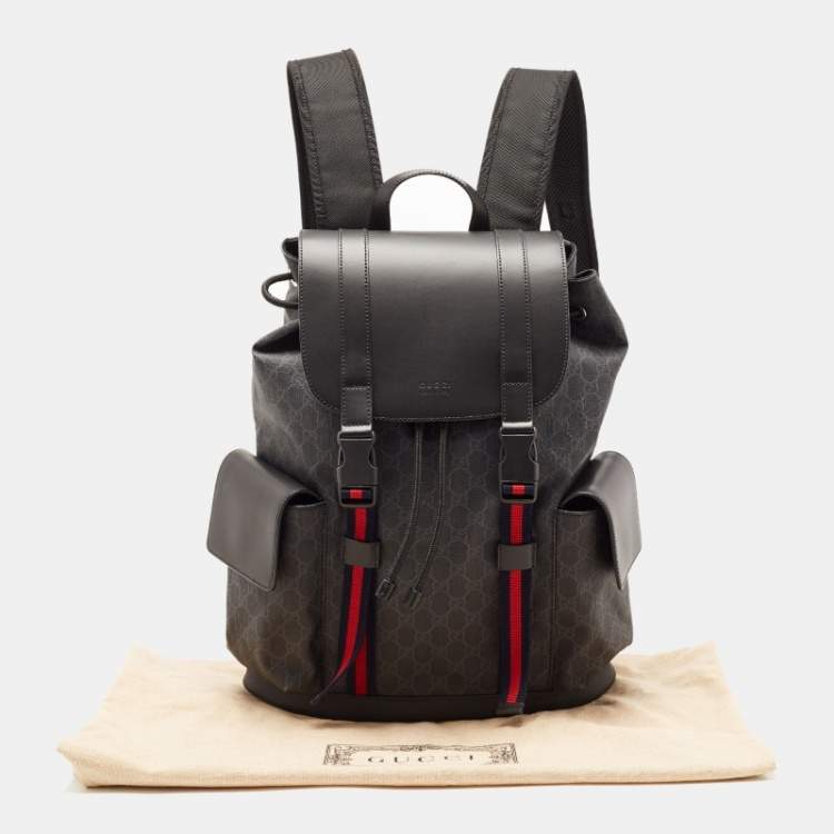 Pre Owned Gucci Black GG Supreme Canvas and Leather Web Backpack
