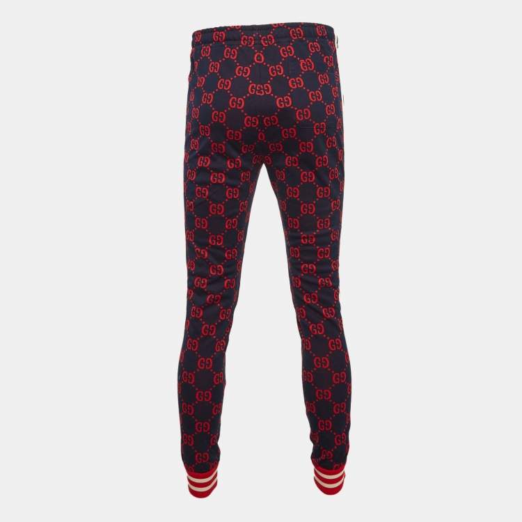 Pre Owned Gucci Navy Blue/Red GG Web Jacquard Knit Joggers S