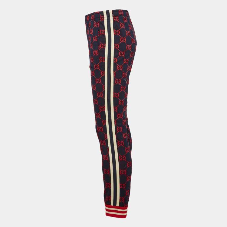 Pre Owned Gucci Navy Blue/Red GG Web Jacquard Knit Joggers S