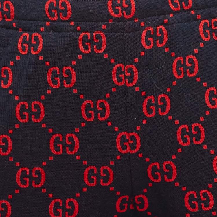 Pre Owned Gucci Navy Blue/Red GG Web Jacquard Knit Joggers S