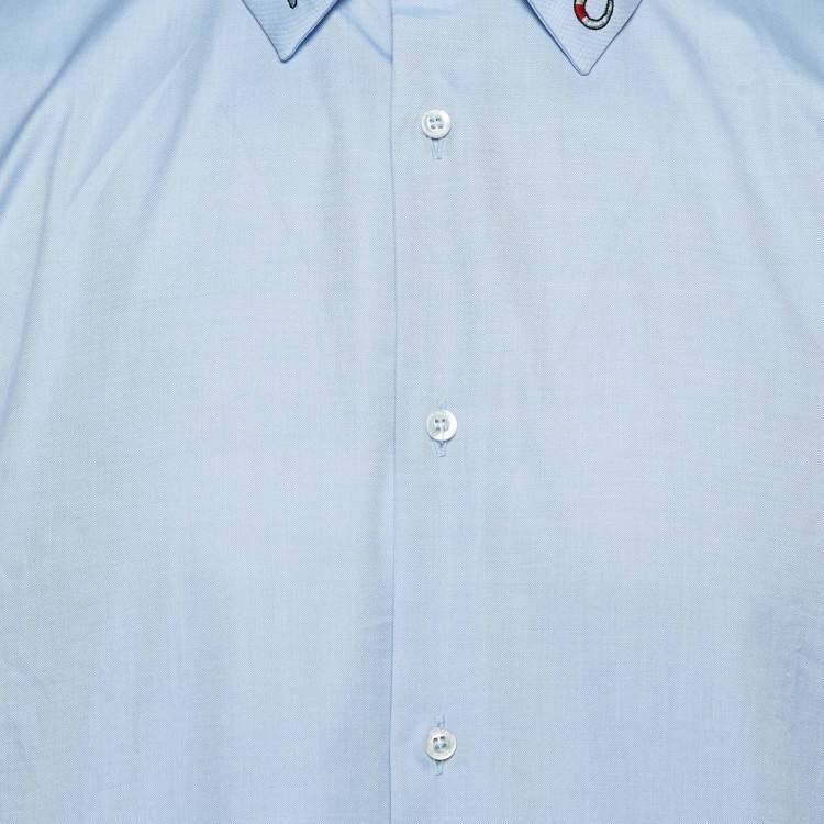 Pre Owned Gucci Blue Embroidered Cotton Buttoned Up Shirt XXL