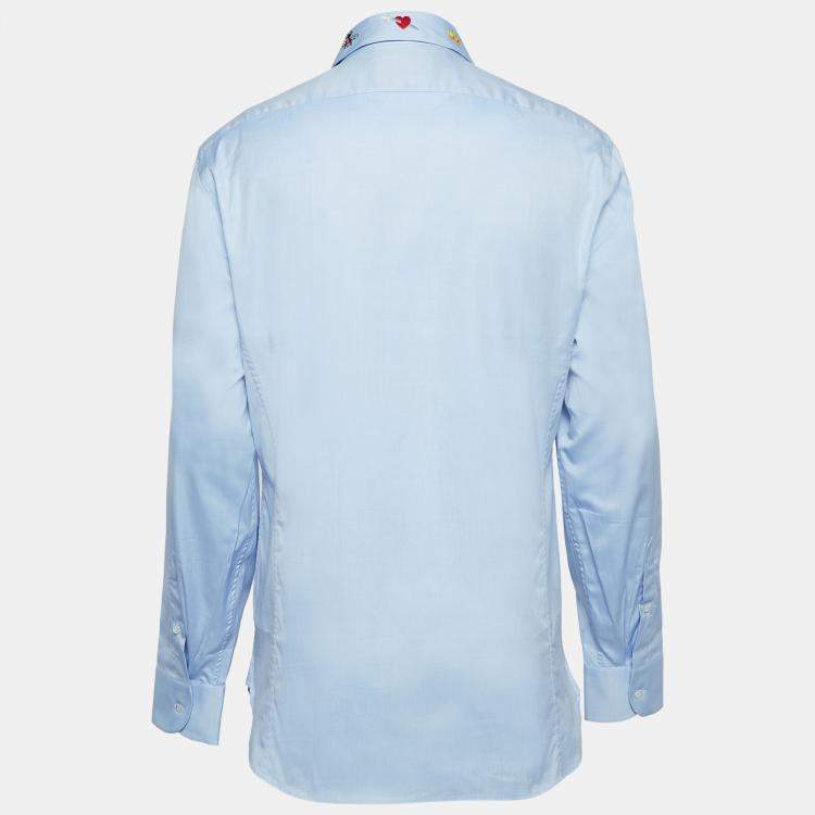 Pre Owned Gucci Blue Embroidered Cotton Buttoned Up Shirt XXL