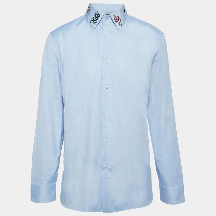 Pre Owned Gucci Blue Embroidered Cotton Buttoned Up Shirt XXL
