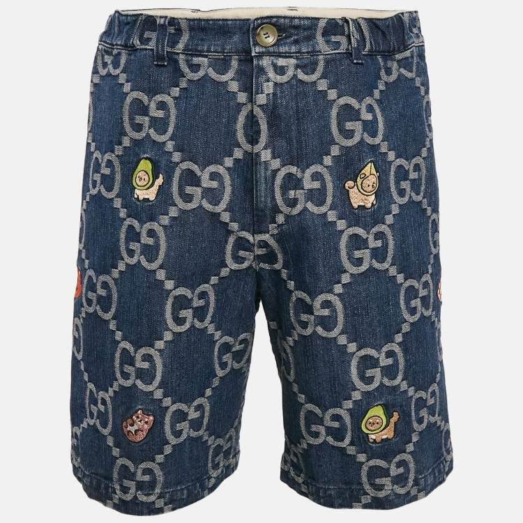 Pre Owned Gucci Blue Jumbo GG Supreme Denim Embroidered Shorts M