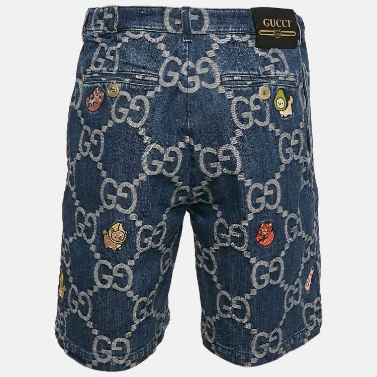 Pre Owned Gucci Blue Jumbo GG Supreme Denim Embroidered Shorts M