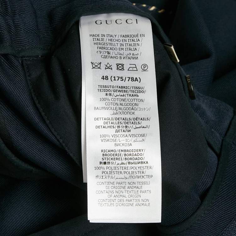 Pre Owned Gucci Navy Blue Cotton Drill Embroidered Detail Trousers M