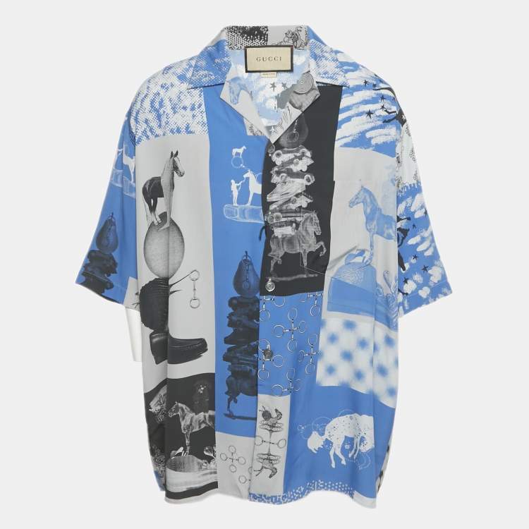 Pre Owned Gucci Blue Patchwork Silk Short Sleeve Shirt L