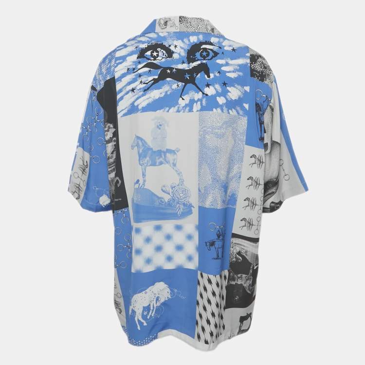 Pre Owned Gucci Blue Patchwork Silk Short Sleeve Shirt L
