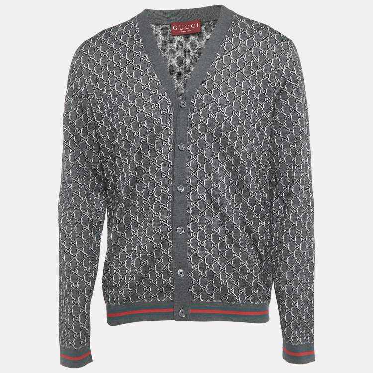 Pre Owned Gucci Grey /Black GG Intarsia Wool Blend Cardigan M