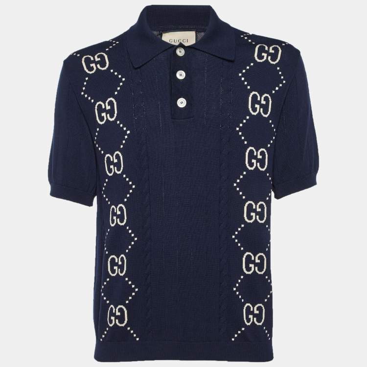 Pre Owned Gucci Navy Blue GG Argyle Knit Polo T-Shirt M