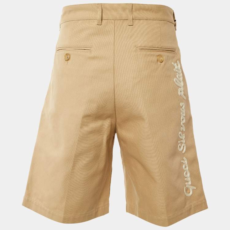 Pre Owned Gucci Khaki Cotton Canvas Embroidered Shorts M/Waist 34"