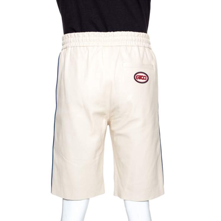 Pre Owned Gucci Cream Leather Stripe Detail Drawstring Waist Shorts M