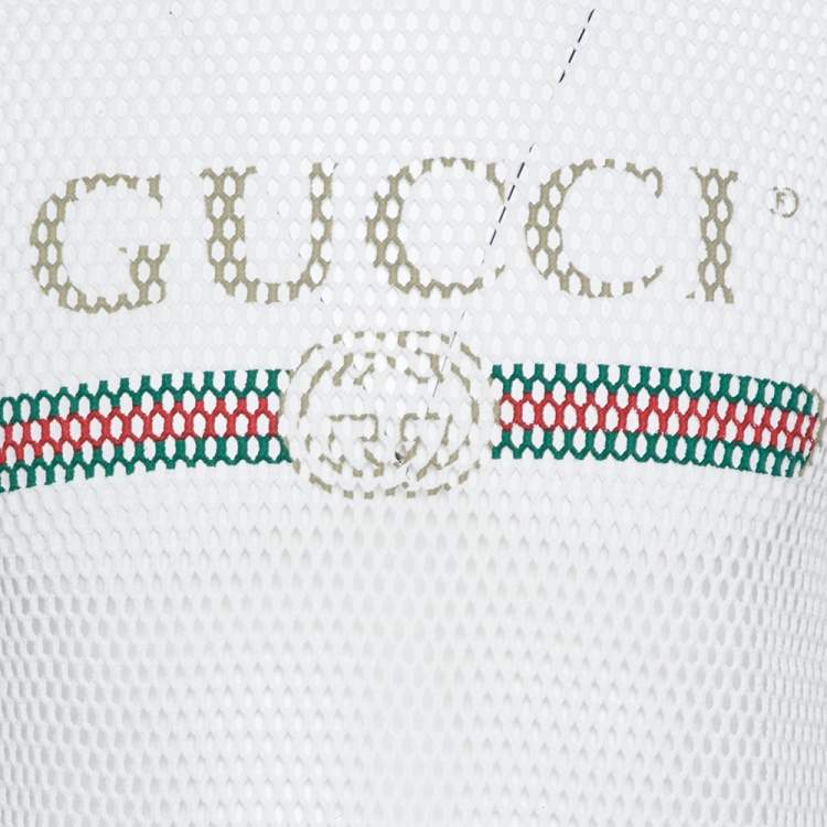 Pre Owned Gucci White Logo Print Cotton Mesh Raglan Sleeve T-Shirt XL