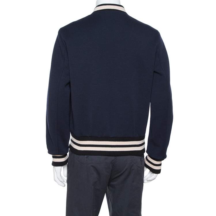 Pre Owned Gucci Navy Blue Wool Logo Patch Bomber Jacket XL