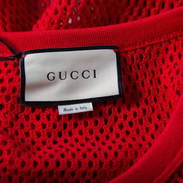 Pre Owned Gucci Red Mesh Logo Printed Crewneck T-Shirt XS