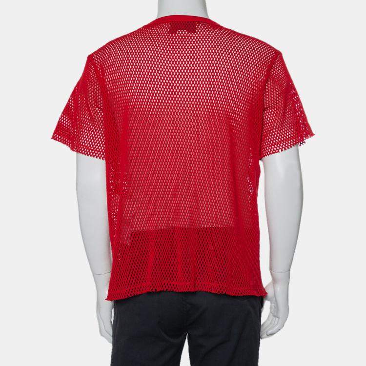 Pre Owned Gucci Red Mesh Logo Printed Crewneck T-Shirt XS