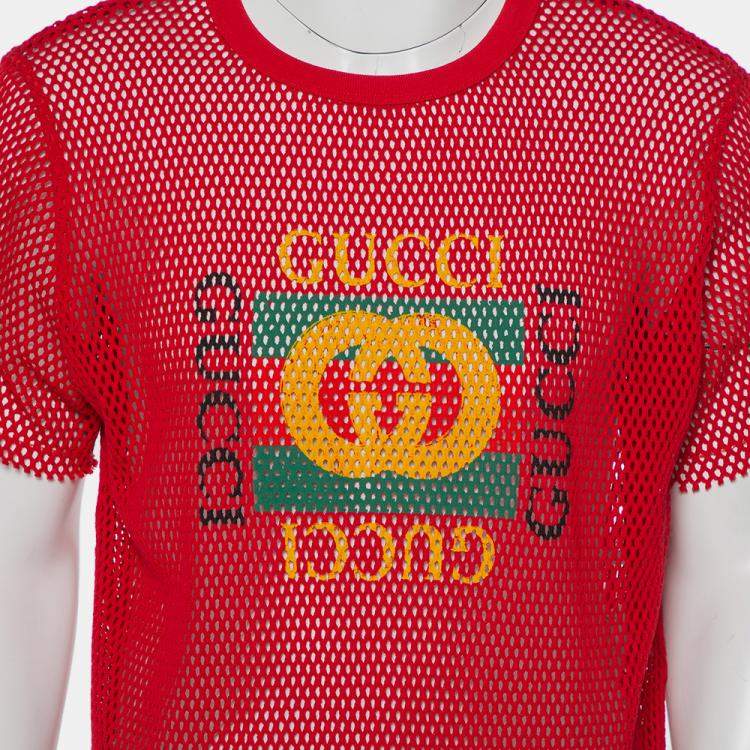 Pre Owned Gucci Red Mesh Logo Printed Crewneck T-Shirt XS