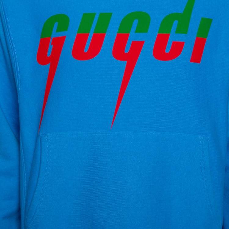 Pre Owned Gucci Blue Blade Logo Printed Cotton Crew Neck Sweatshirt XL 