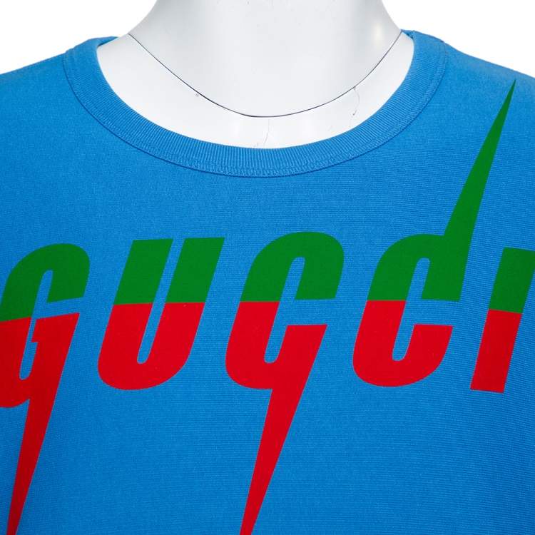 Pre Owned Gucci Blue Blade Logo Printed Cotton Crew Neck Sweatshirt XL 