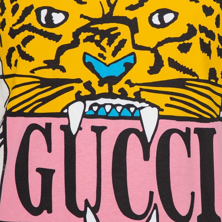 Pre Owned Gucci Cream Tiger Printed Cotton Crewneck T-Shirt XS