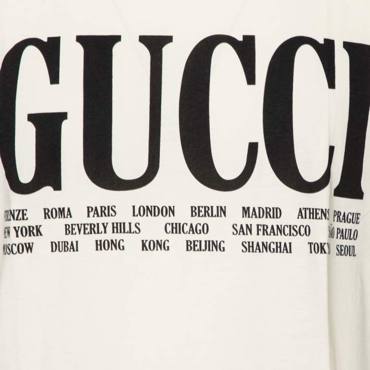 Pre Owned Gucci Cream Logo Cities Printed Cotton Crewneck T-Shirt S