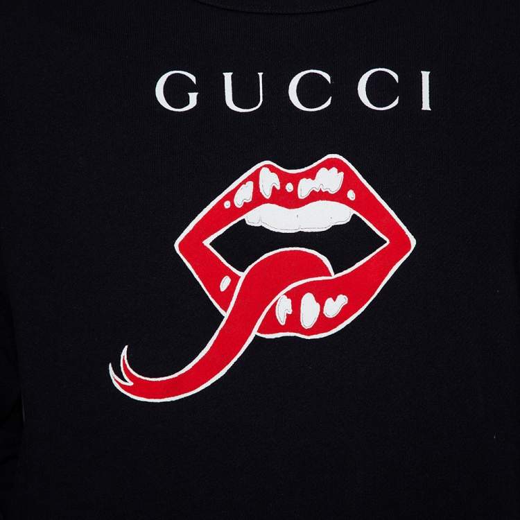Pre Owned Gucci Black Mouth Printed Cotton Oversized Crewneck Sweatshirt XS