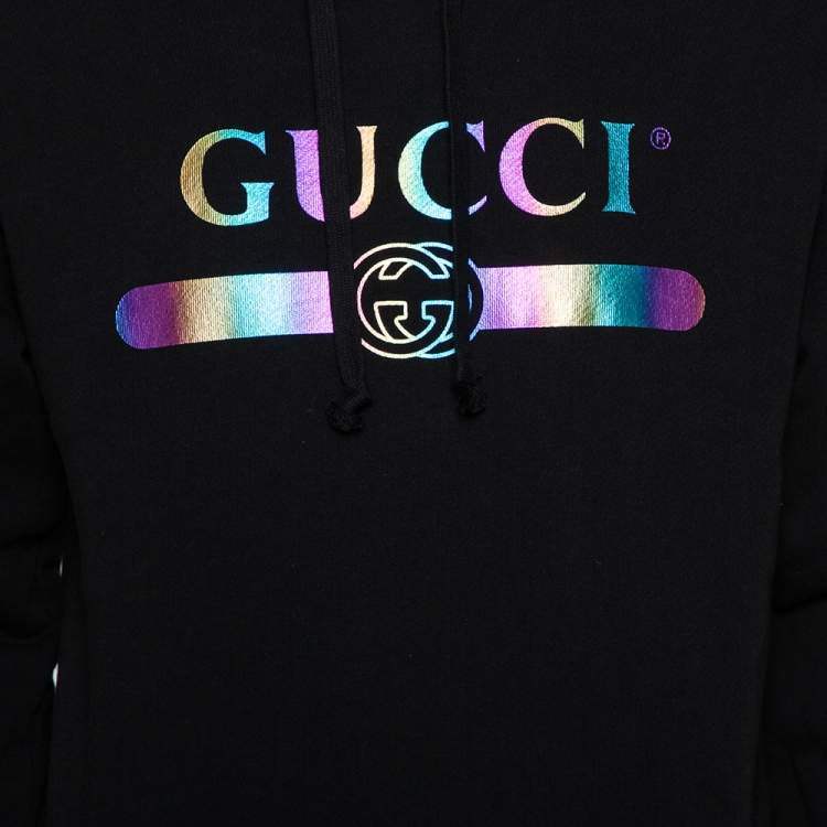 Pre Owned Gucci Black Logo Print Cotton Hooded Sweatshirt XS