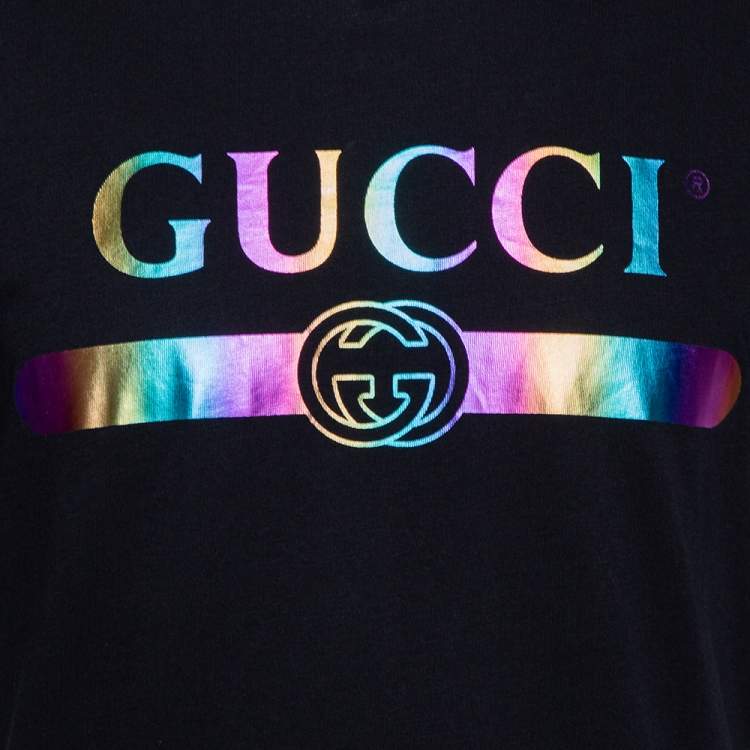 Pre Owned Gucci Black Logo Printed Cotton Oversized Crewneck T-Shirt XS