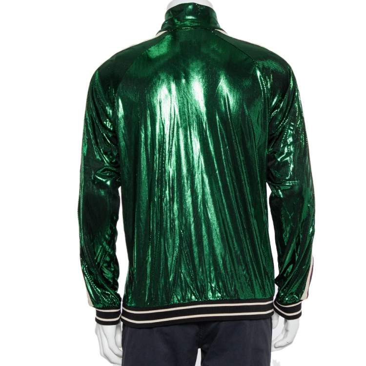 Pre Owned Gucci Green Lame Side Stripe Detail Zip Front Oversized Jacket XS