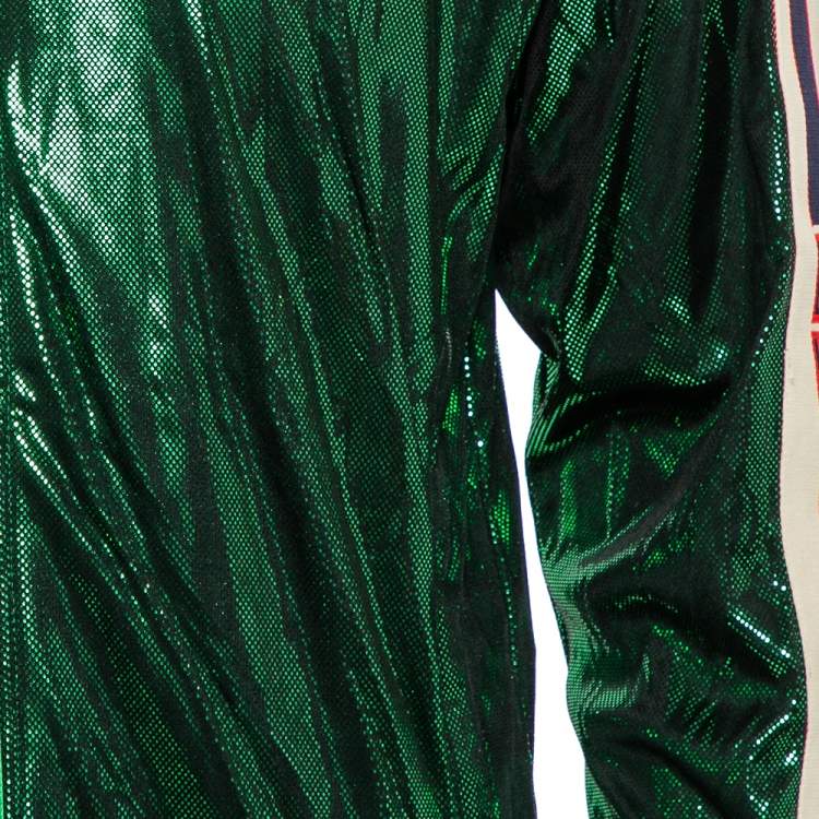 Pre Owned Gucci Green Lame Side Stripe Detail Zip Front Oversized Jacket XS