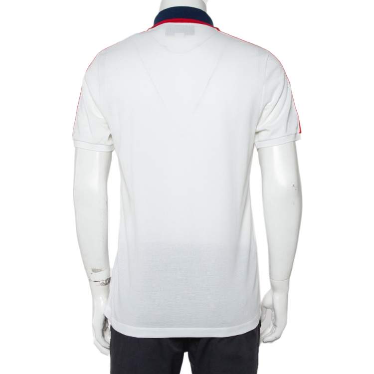 Pre Owned Gucci White Honeycomb Knit Logo Detail Contrast Trim Polo T-Shirt L