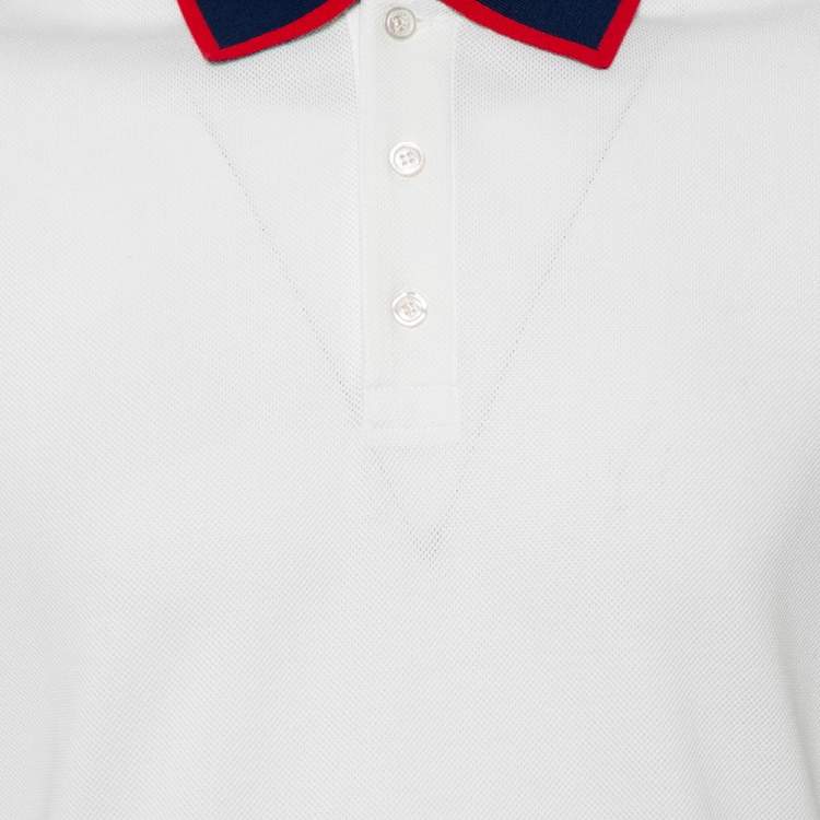Pre Owned Gucci White Honeycomb Knit Logo Detail Contrast Trim Polo T-Shirt L