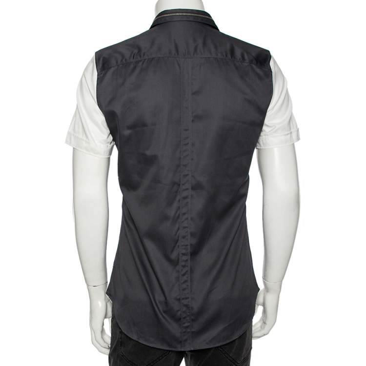 Pre Owned Gucci Tricolor Cotton & Mesh Collar Zip Detail Skinny Fit Short Sleeve Shirt Medium (Eu 40) 