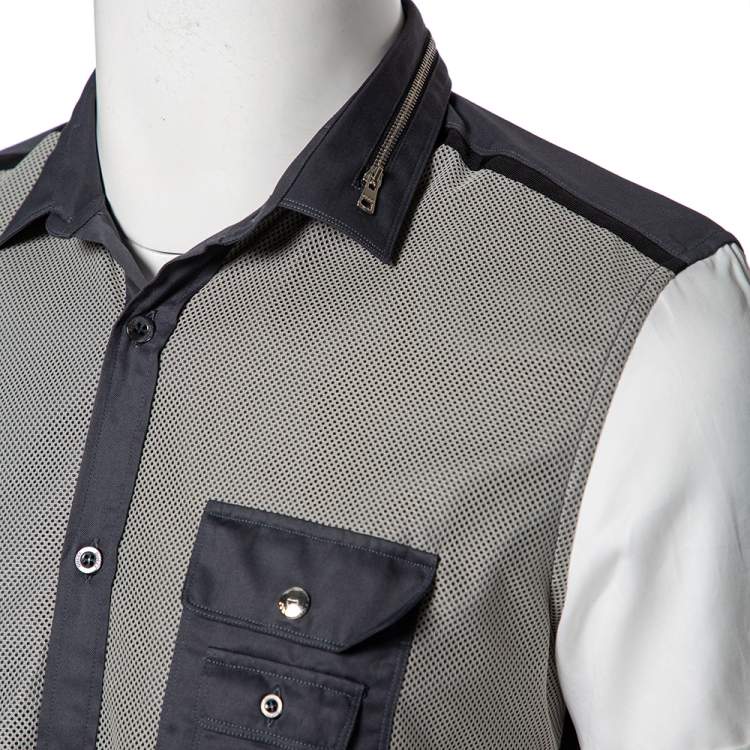 Pre Owned Gucci Tricolor Cotton & Mesh Collar Zip Detail Skinny Fit Short Sleeve Shirt Medium (Eu 40) 
