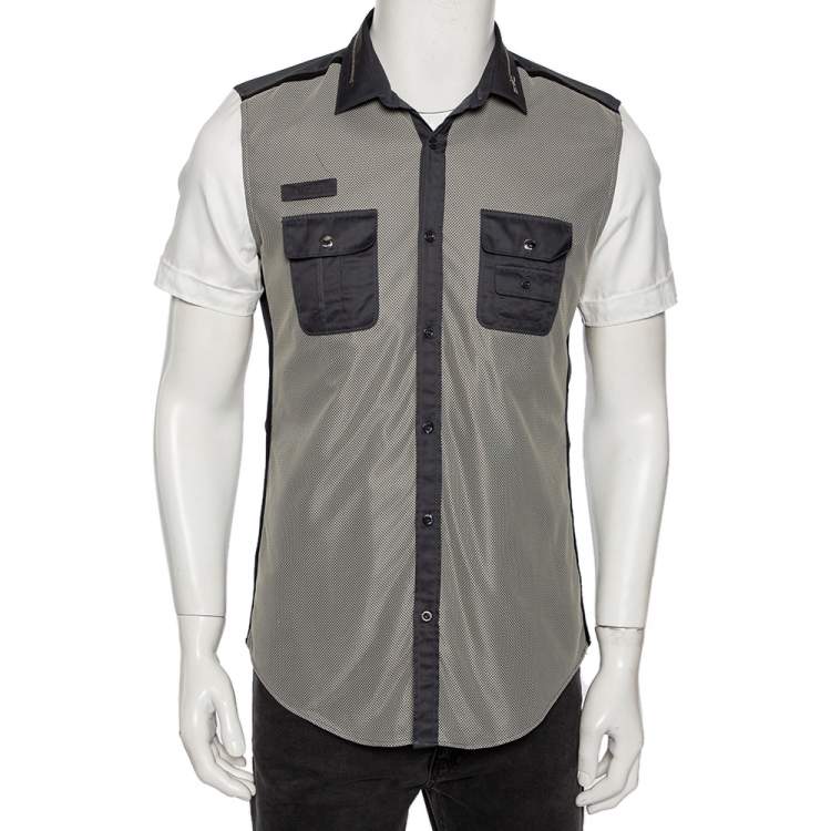 Pre Owned Gucci Tricolor Cotton & Mesh Collar Zip Detail Skinny Fit Short Sleeve Shirt Medium (Eu 40) 