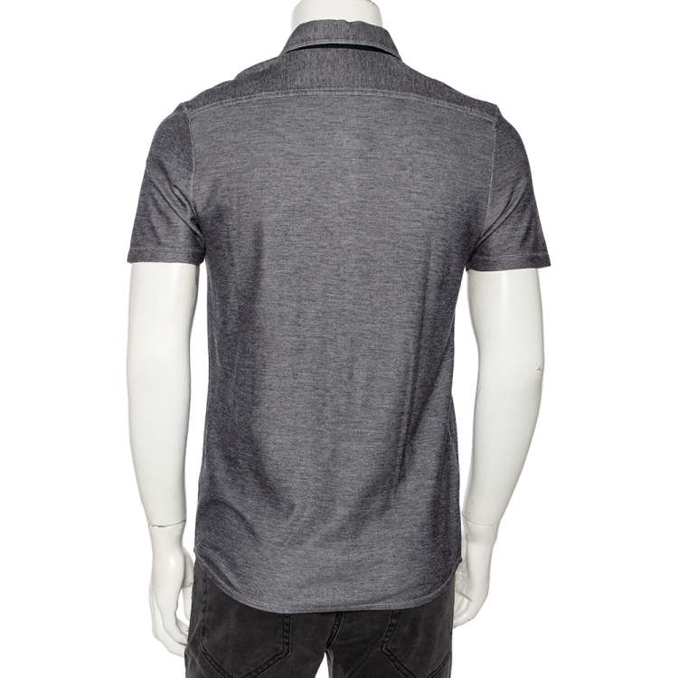 Pre Owned Gucci Grey Cotton Pique Shoulder Web Stripe Detail Short Sleeve Shirt M 