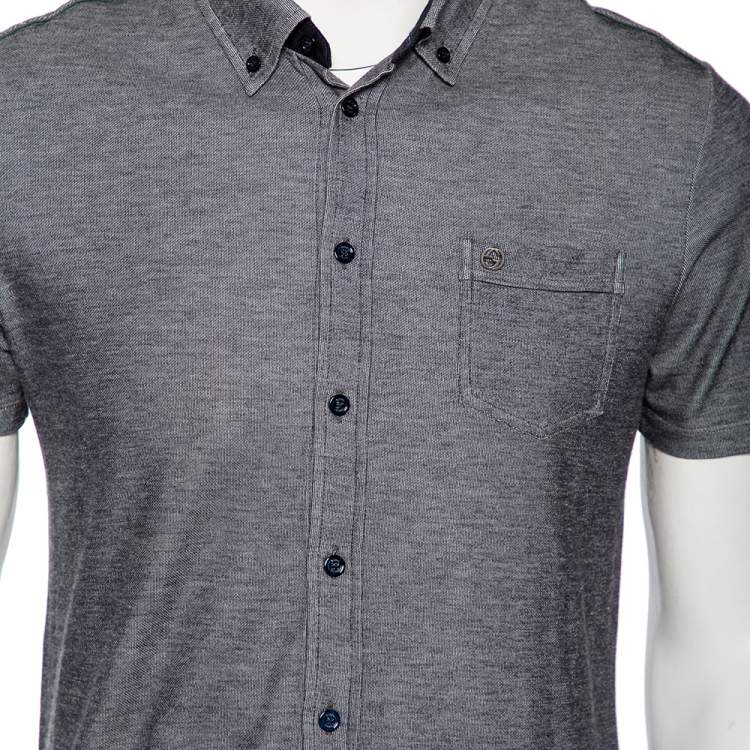 Pre Owned Gucci Grey Cotton Pique Shoulder Web Stripe Detail Short Sleeve Shirt M 