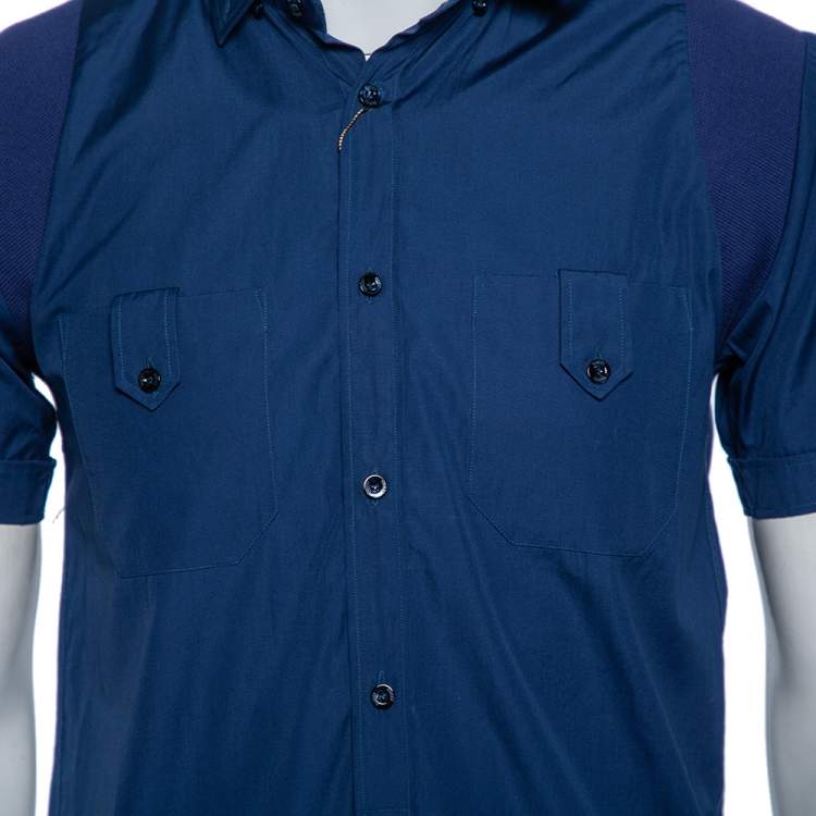 Pre Owned Gucci Blue Cotton & Ribbed Knit Trim Short Sleeve Shirt M 
