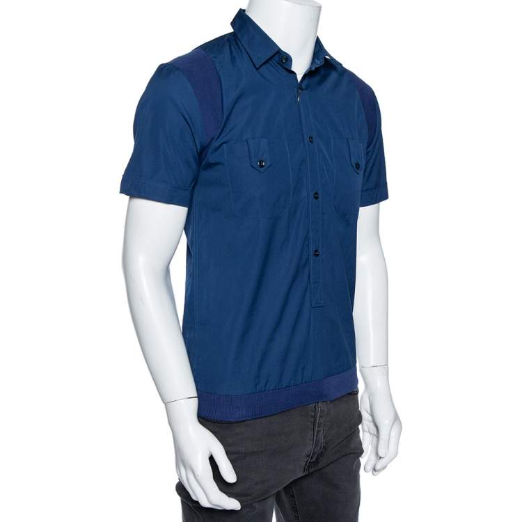Pre Owned Gucci Blue Cotton & Ribbed Knit Trim Short Sleeve Shirt M 