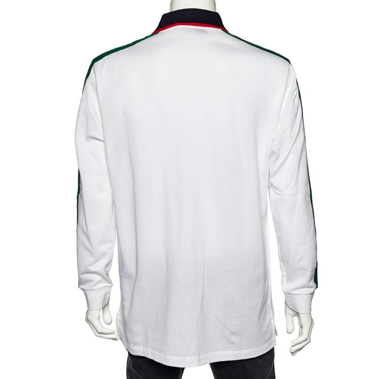 Pre Owned Gucci White Cotton Pique Logo Web Stripe Detail Long Sleeve Polo T-Shirt XXL