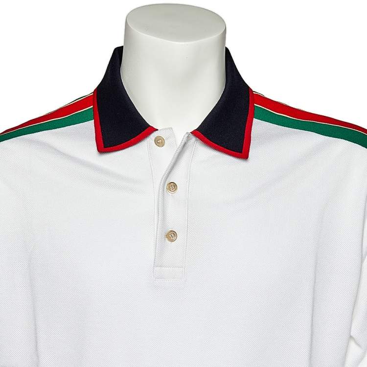 Pre Owned Gucci White Cotton Pique Logo Web Stripe Detail Long Sleeve Polo T-Shirt XXL