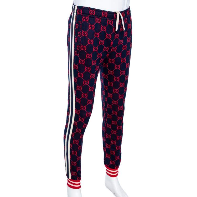 Pre Owned Gucci Blue GG Supreme Jacquard Jersey Web Stripe Trimmed Joggers M