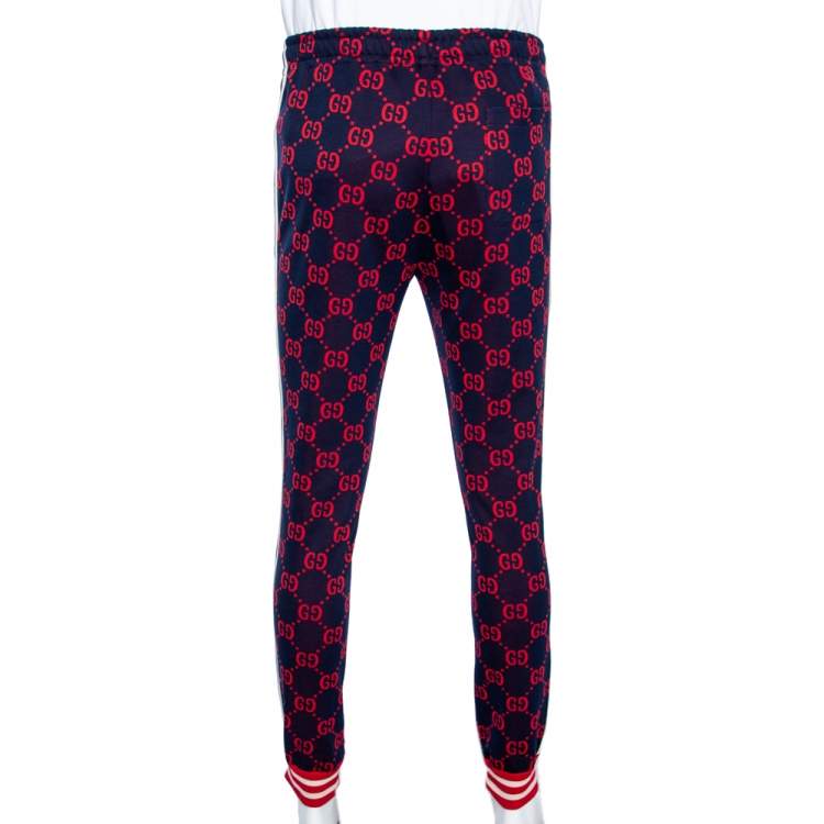 Pre Owned Gucci Blue GG Supreme Jacquard Jersey Web Stripe Trimmed Joggers M